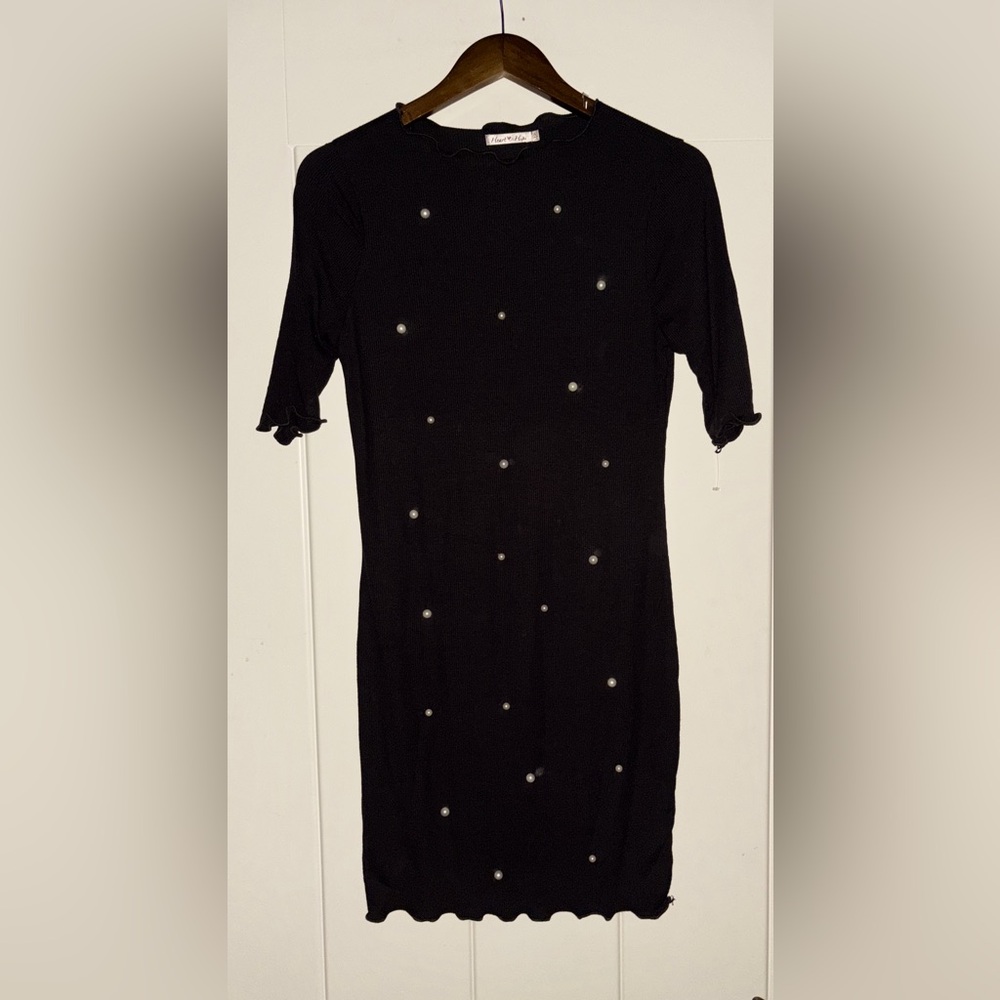 Heart & Hip Imitation‎ Pearl Mini Black Rib Knit Dress Y2K Women L Whimsigoth